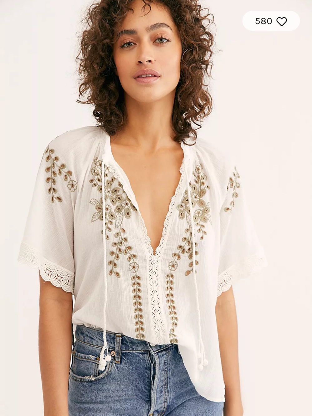 Free People Dahlia Embroidered Blouse Ivory Boho Lace Flutter Sleeve Tie Neck S